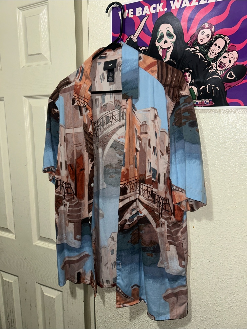 H&M Short-Sleeve Printed Shirt Jacket in Blue and Brown